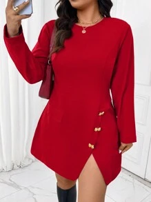 SHEIN Frenchy Váy chữ A cỡ lớn thanh lịch, tối giản, thắt lưng kim loại màu đỏ, phù hợp mặc đi làm, đi chơi, dự tiệc, tụ tập, năm mới, giáng sinh - Đỏ - Xem 3