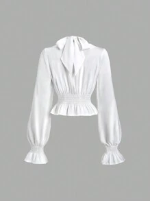Sweetra Ruched Satin Bow Blouse With Detachable Bow Accent, Elegant Puff Sleeve Shirt For Classy Lady, Autumn/Winter For Holiday Party Clothes Peplum Top - White - View 3