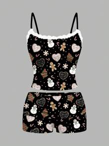 Polina Brazil Artist Merry Christmas Snowman, Heart, Gingerbread Man Print Sexy Lace Ruched Camisole Top And Shorts Two-Piece Outfits For Women, Winter, Holiday, New Year, Vacation, Love Valentine's Day, Festival - Black - View 1