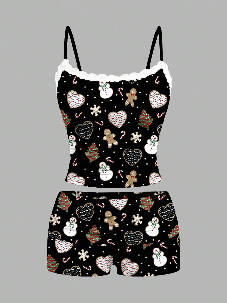 Polina Brazil Artist Merry Christmas Snowman, Heart, Gingerbread Man Print Sexy Lace Ruched Camisole Top And Shorts Two-Piece Outfits For Women, Winter, Holiday, New Year, Vacation, Love Valentine's Day, Festival - Black - View 1
