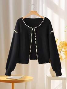 Seusyu Women's Casual Pearl Decorated Cardigan, Autumn/Winter - Black - View 1