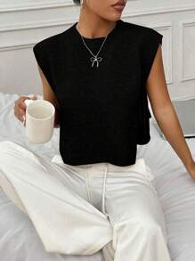 Flirla Women's Solid Round Neck Tie Up Loose Casual Vest - Black - View 6