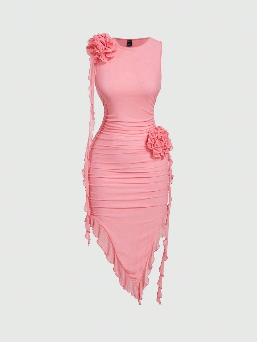 SHEIN MOD 3D 花朵装饰不对称下摆紧身连衣裙 - 珊瑚粉 - 查看 1