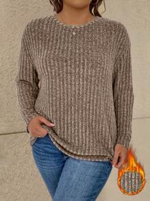 SHEIN Plus Size Crew Neck Long Sleeve Ribbed Minimalist T-Shirt, Casual Daily Wear