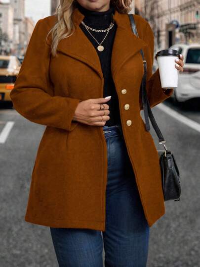 SHEIN Clasi Abrigo informal con manga larga y abotonadura sencilla en unicolor, para mujer de talla grande, adecuado para el uso diario en otoño/invierno