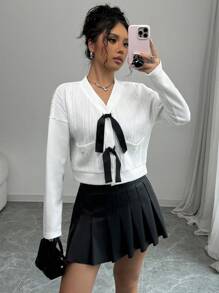 SHEIN Unity 蝴蝶结撞色口袋纹理卫衣套头衫秋季 - 白色 - 查看 1