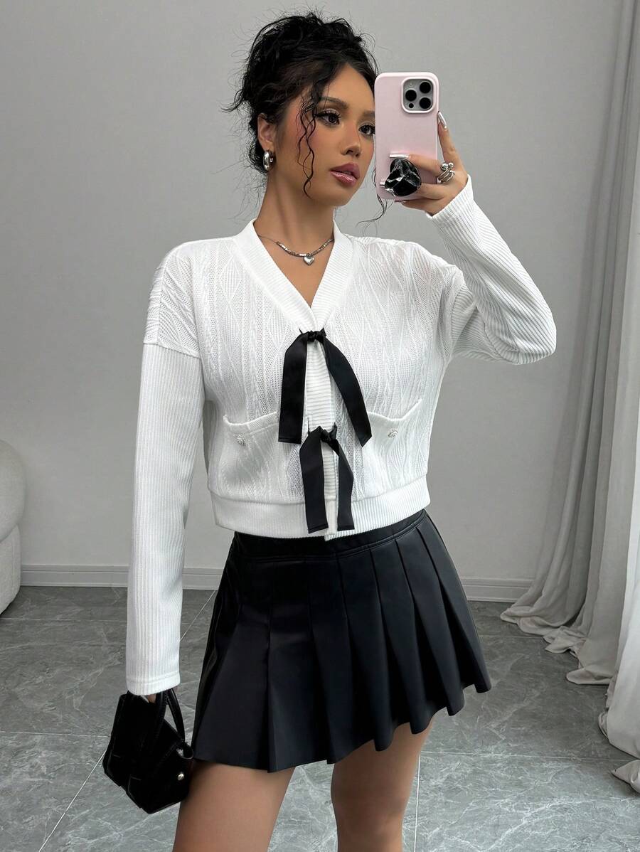 SHEIN Unity 蝴蝶结撞色口袋纹理卫衣套头衫秋季 - 白色 - 查看 1