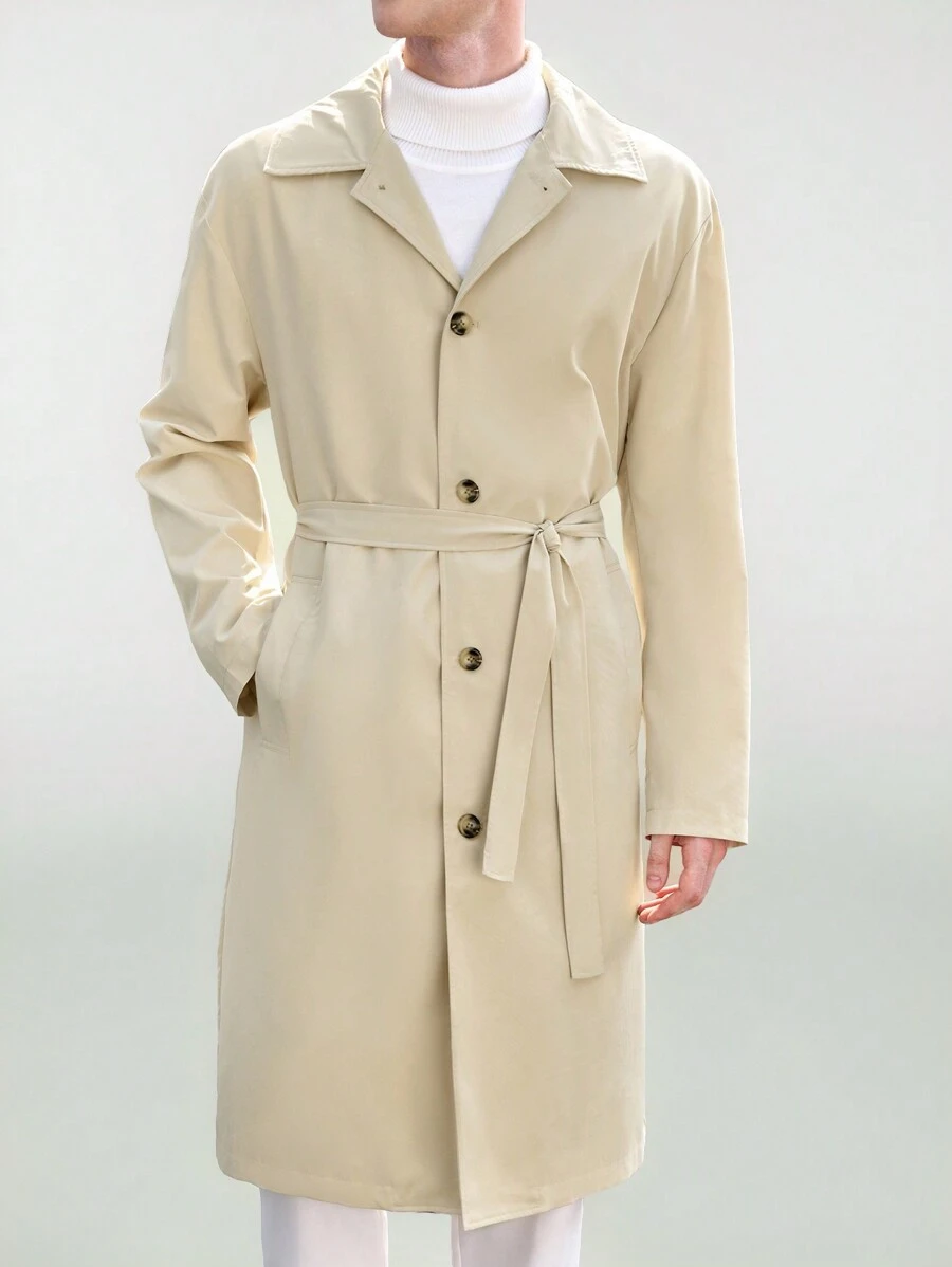 Manfinity VCAY 男士宽松长款休闲风衣，适合秋季 - 卡其色 - 查看 1