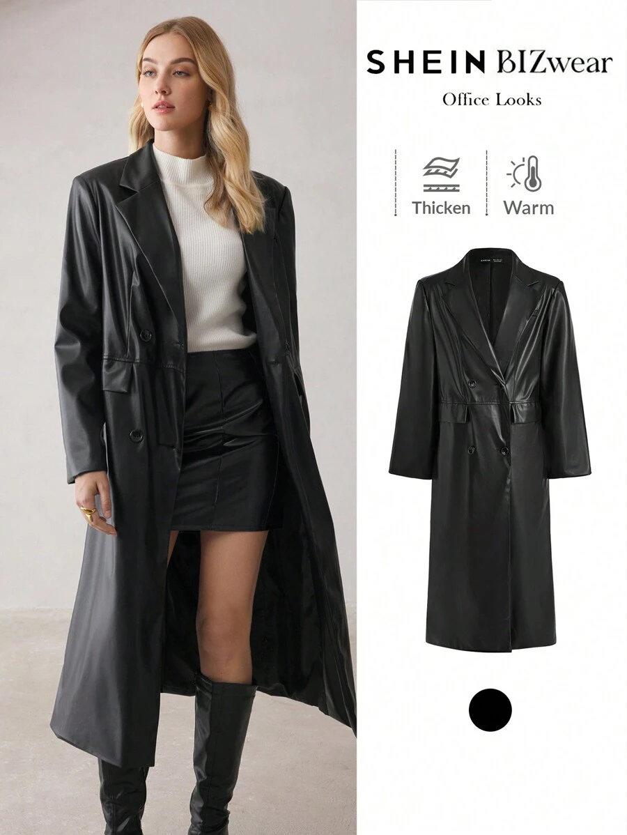 BizChic Fashion Commute Black Lapel PU Leather Double Breasted Jacket - Black - View 1