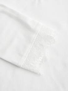 SHEIN EZwear White Casual Deep V-Neck Lace Trim Fitted Long Sleeve T-Shirt, Suitable For Autumn/Winter - White - View 4