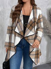 Plus Size Women Lapel Wrap Regular Plaid Overcoat, For Winter - Multicolor - View 1