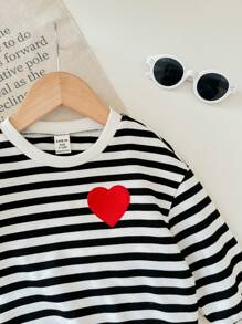 Baby Girl French Stripe & Heart Patchwork Dropped Shoulder Sweatshirt, Casual & Comfortable For Autumn/Winter Everyday Wear And School - Black and White - View 5