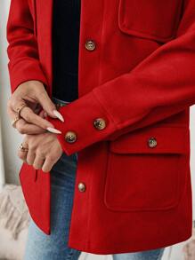 EMERY ROSE Women Casual Solid Color Patchwork Multiple Pocket Single-Breasted Jacket, Autumn/Winter For New Year Clothes Fall Cloth For Women - Red - View 3