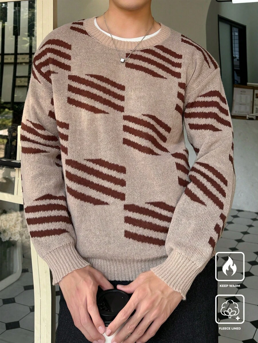 Manfinity Homme Men's Striped Crew Neck Long Sleeve Casual Sweater, Autumn/Winter - Multicolor - View 1