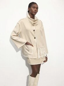 Maija Manteau de festival élégant et décontracté pour femmes, couleur abricot, au printemps précoce, avec détails de boutonnage avant, poches, manches longues et écharpe à franges