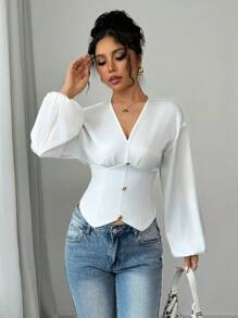 Elenzga Women's Elegant Fashion Commute Long Sleeve V-Neck Waisted Gold Button Solid Color Satin Blouse