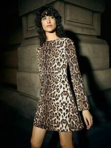 SHEIN Maija Damen Midi Kleid mit Leoparden Muster, paillettenbesetzt, lange Ärmel, tailliert, elegant für Schulanfang, Ferien, Party, Stadtreisen - Neuankömmling Herbst Winter