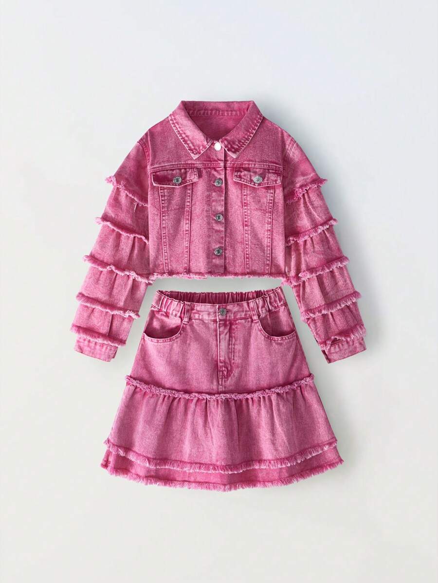 SHEIN Girls Pre-Teen Floral Ruffle Design Loose Cropped Top & Elastic Waist Two-Layer Ruffle Mini Skirt 2pcs Set - Hot Pink - View 1