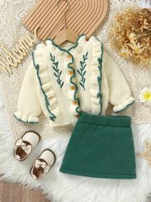 SHEIN Baby Girl Ruffled Sweater Set - Long Sleeve Jacket With A-Line Skirt, Charming Embroidered Accents, Vintage Casual Fashion - Green - View 1