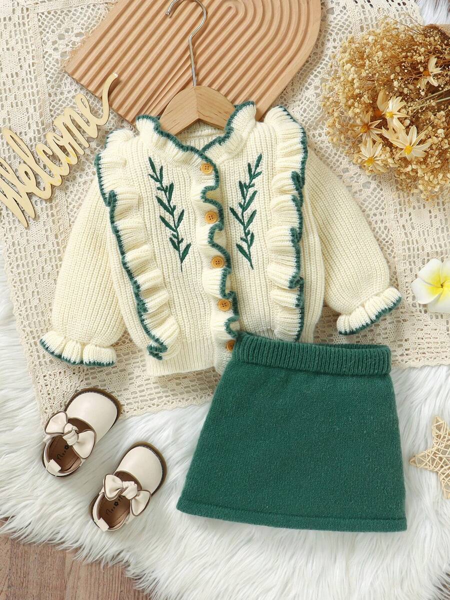 SHEIN Baby Girl Ruffled Sweater Set - Long Sleeve Jacket With A-Line Skirt, Charming Embroidered Accents, Vintage Casual Fashion - Green - View 1