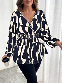 Celure Long Sleeve Wrap Collar Criss-Cross Umbrella Hem Geometric Print Shirt Peplum Top