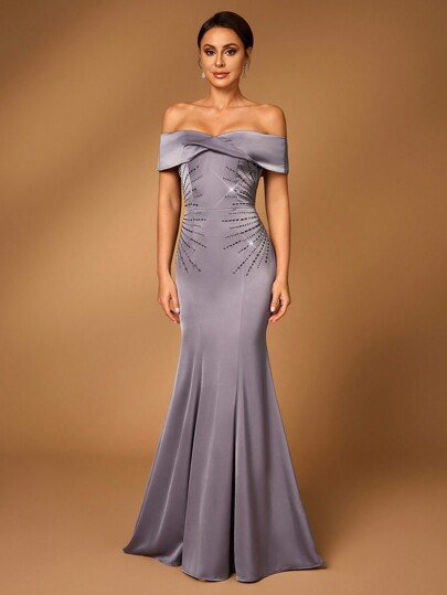 SHEIN Belle Elegant And Gorgeous Gray One-Shoulder Stretch Satin Gathered Luxury Rhinestone Embellished Floral Mermaid Tail Dress Suitable For Wedding Events Bachelorette Party, Vacation, Prom Mother Of The Bride Dress Evening Dress