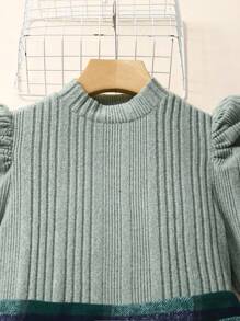 SHEIN Teen Girls 2 Pieces Set: Green & White Ribbed Stand Collar Long Sleeve Top, Plaid Button-Front Skirt, Elegant Fall/Christmas/New Year Outfit