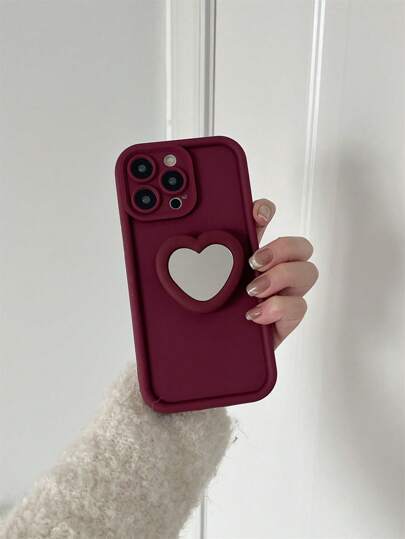 Pretty Bratty 1 pieza Funda de teléfono minimalista con forma de corazón que incluye soporte y espejo, adecuado para iPhone16/15/14/13/12/11/XSMAX/7/8, ideal para el Día de San Valentín