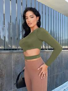 SHEIN SXY Women's Solid Color Asymmetrical Neck Long Sleeve Casual Hollow Out Top - Army Green - View 4