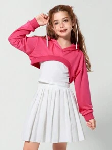 SHEIN Explorewe 3pcs/Set Tween Girls Contrast Color Super Short Hooded Sweatshirt, Camisole And Pleated Skirt, Casual And Chic Set - Multicolor - View 1