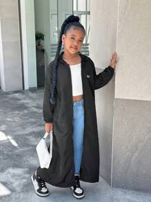 Tween Girls' Cool & Long Black Full-Length Hoodie Loose Windbreaker Jacket