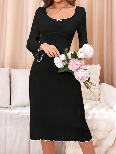 Contrast Binding Scoop Neck Ribbed Women Loungewear Dress, Cozy Elegante Outfit, Fall view 5