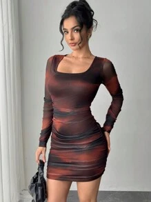 Firerie 女士时尚扎染褶皱迷你连衣裙，紧身款式，秋季 - 棕色 - 查看 4