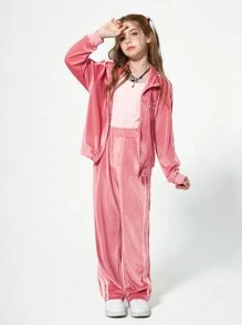 SHEIN Conjunto de 2 piezas para niña preadolescente casual y de moda, compuesto por sudadera con capucha con cremallera y bordados de lazos, y pantalones, para el otoño