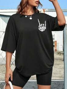 SHEIN EZwear 标语图案落肩 T 恤 ON MY HUSBANDS LAST NERVE - 黑色 - 查看 4