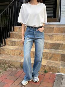 DAZY Women's Loose Crew Neck T-Shirt, Casual Solid Color, Minimalist & Fashionable For Daily Wear