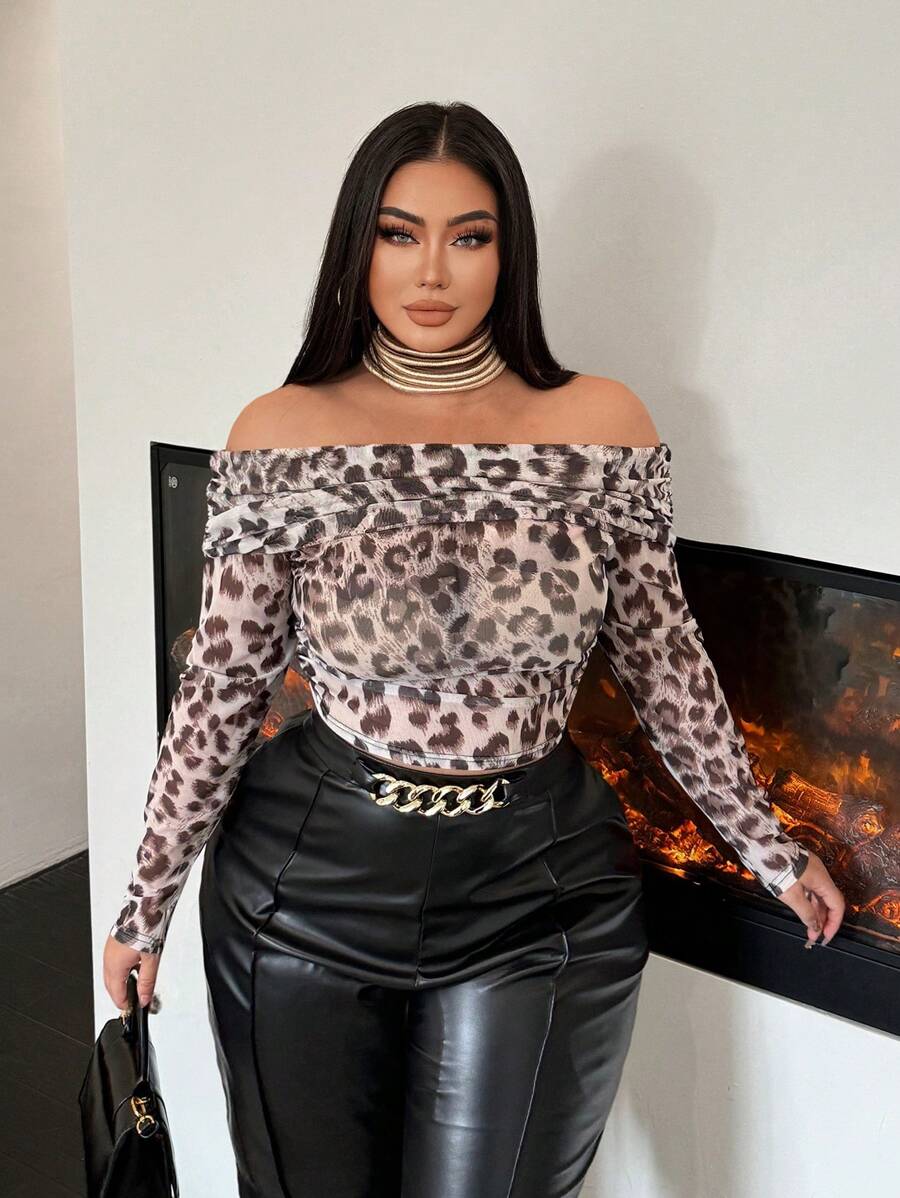 SHEIN SXY Plus Size Women Strapless Strapless Leopard Print Sheer Bodycon Off Shoulder Crop Top, Suitable For Daily Wear, Dates, Prom, Parties, New Year Gatherings, Banquets, Cocktail, Elegant, Body Modification And Body Curves - Multicolor - View 1