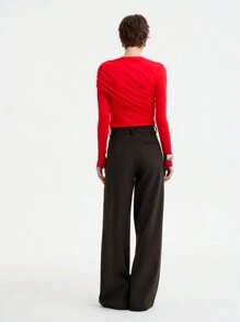 SHEIN LUNE Women's Plain Knitted Crew Neck Ruched Design Long Sleeve T-Shirt, Autumn/Winter, Chic For New Year Clothes - Red - View 2