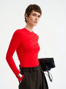 SHEIN LUNE Women's Plain Knitted Crew Neck Ruched Design Long Sleeve T-Shirt, Autumn/Winter, Chic For New Year Clothes - Red - View 7