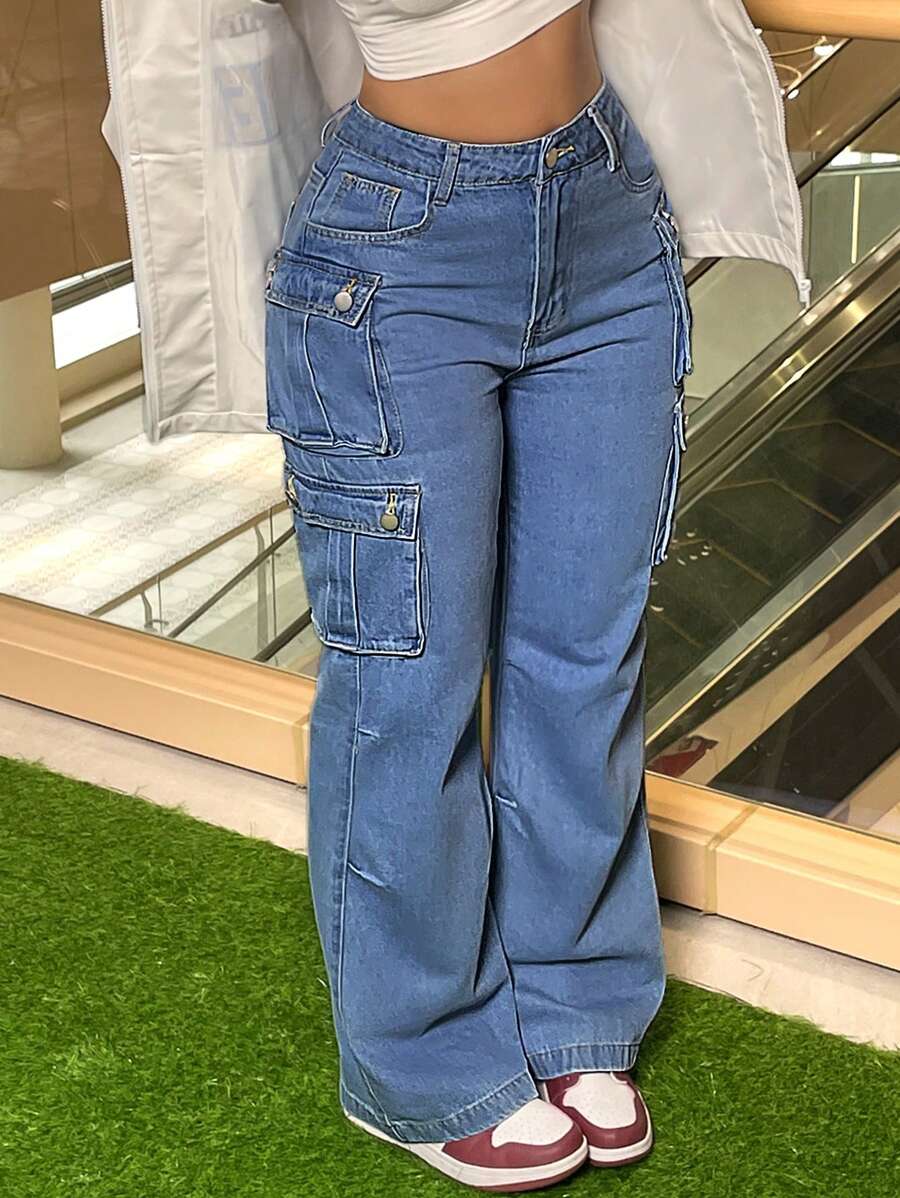 Stylish Vintage Chic Y2K Cargo Pants - High-Waisted, Wide-Leg, Pocketed, Comfortable, Casual, Street-Stylish Denim Trousers For The Curvaceous Woman - 中等水洗藍 - 查看 1