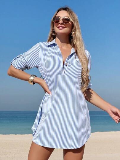Swim Vcay Vestido camisero de verano para mujeres de media longitud con rayas y mangas con puños