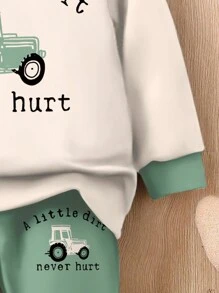 SHEIN Bộ quần dài nỉ và áo hoodie in họa tiết máy kéo thoải mái, rộng rãi cho bé trai, phù hợp cho mùa thu đông - Nhiều màu - Xem 5