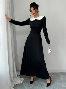 Elenzga 女士优雅时尚商务通勤长袖彼得潘领拼色束腰蝴蝶结腰连衣裙长款女装 - 黑色 - 查看 6