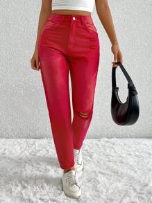 SHEIN Frenchy Solid Color Simple Fashionable Casual Everyday Denim Jeans Christmas New Year Red - Red - View 3