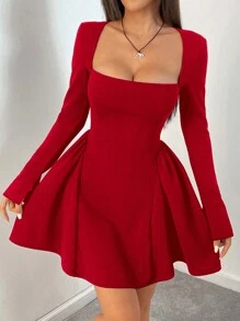 SHEIN EZwear Women Square Collar Long Sleeve Simple Casual Short Dress - Red - View 4
