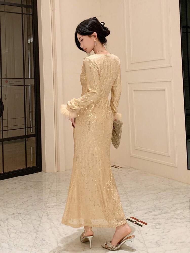 Women's New Fur Patchwork Long Sleeve Split Hem Casual Shift Dress For Autumn Prom Dress Luxury Sequin Elegant Women Dresses New Year Eve Dress Sparkly Dress Maxi Dress
