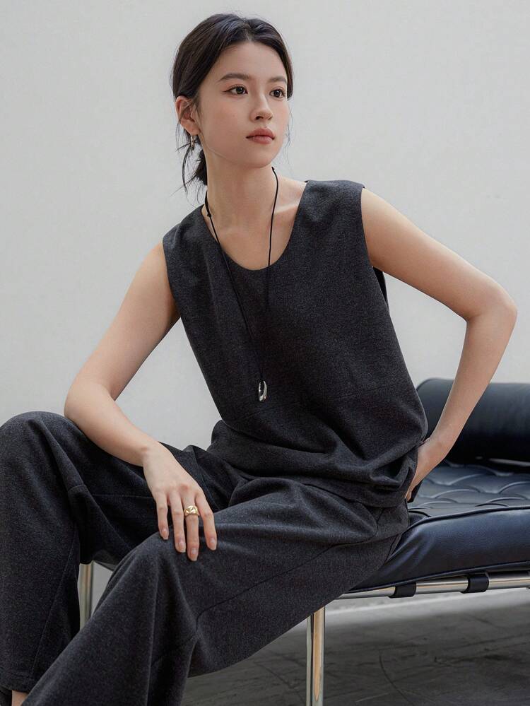 2pcs/Set Women Solid Color Minimalist Vest Top And Straight Leg Casual Pants Suit