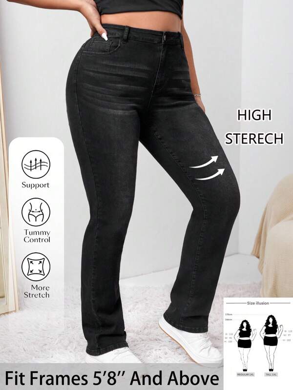 SHEIN Tall CURVE Pantalones vaqueros casuales elásticos de talla grande color negro para mujer