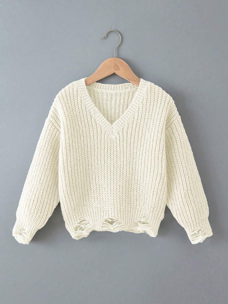 少女休闲纯色破洞毛衣，百搭秋冬季款 - 米色 - 查看 1