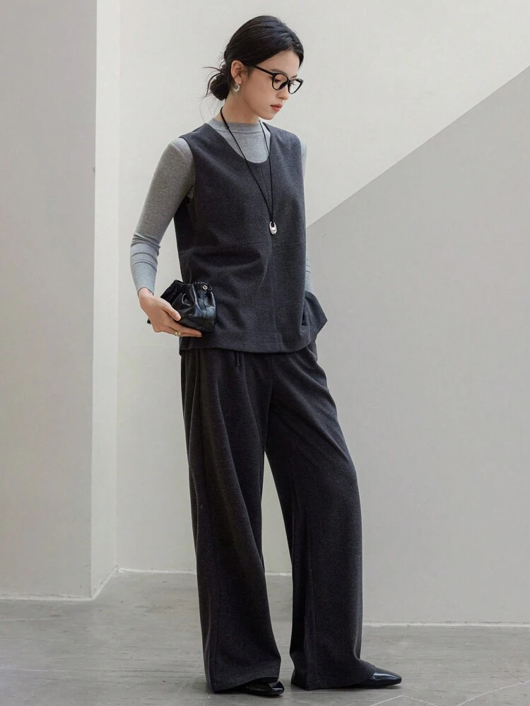 2pcs/Set Women Solid Color Minimalist Vest Top And Straight Leg Casual Pants Suit